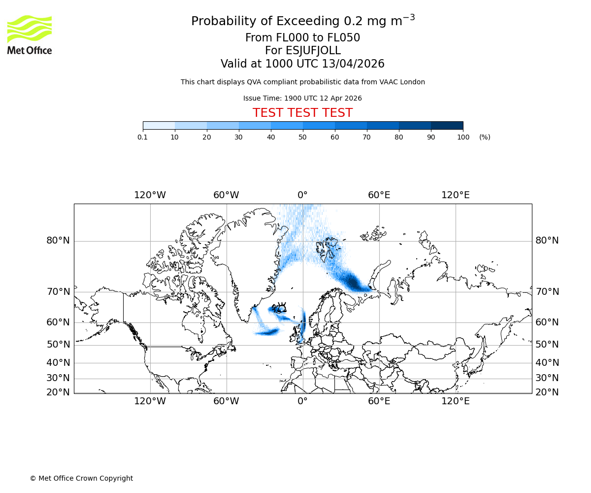 Probability of exceeding 0.2 milligrams per metre cubed. From 000 to 050 for ESJUFJOLL. Valid at 1000 UTC 13/04/2026