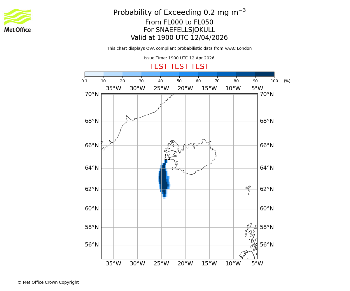 Probability of exceeding 0.2 milligrams per metre cubed. From 000 to 050 for SNAEFELLSJOKULL. Valid at 1900 UTC 12/04/2026