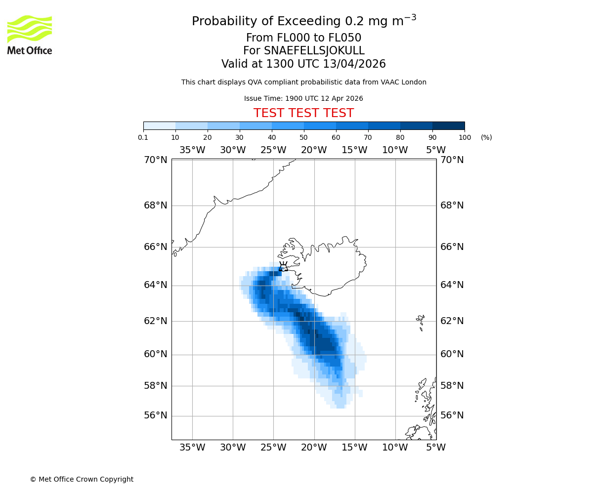 Probability of exceeding 0.2 milligrams per metre cubed. From 000 to 050 for SNAEFELLSJOKULL. Valid at 1300 UTC 13/04/2026