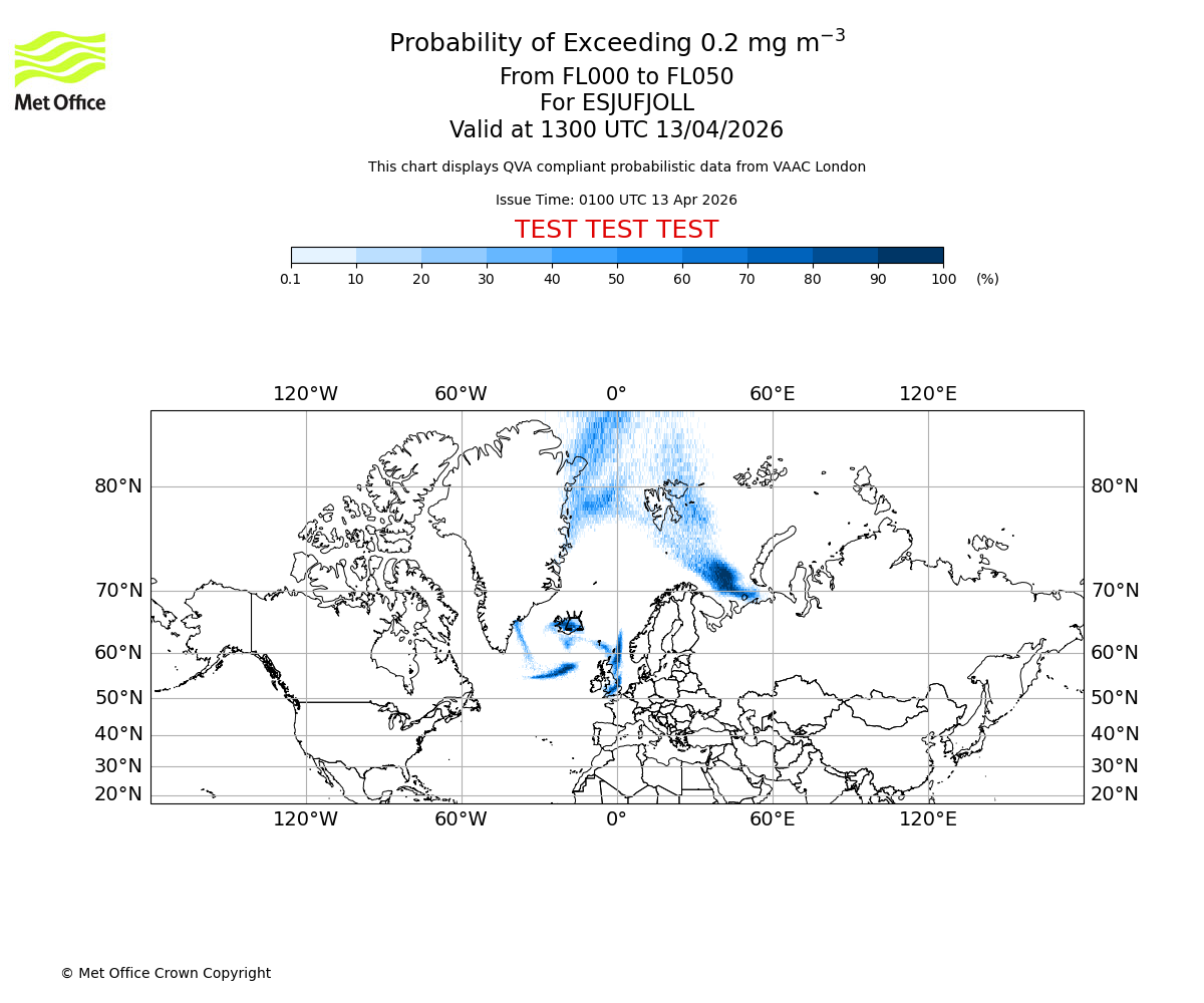 Probability of exceeding 0.2 milligrams per metre cubed. From 000 to 050 for ESJUFJOLL. Valid at 1300 UTC 13/04/2026