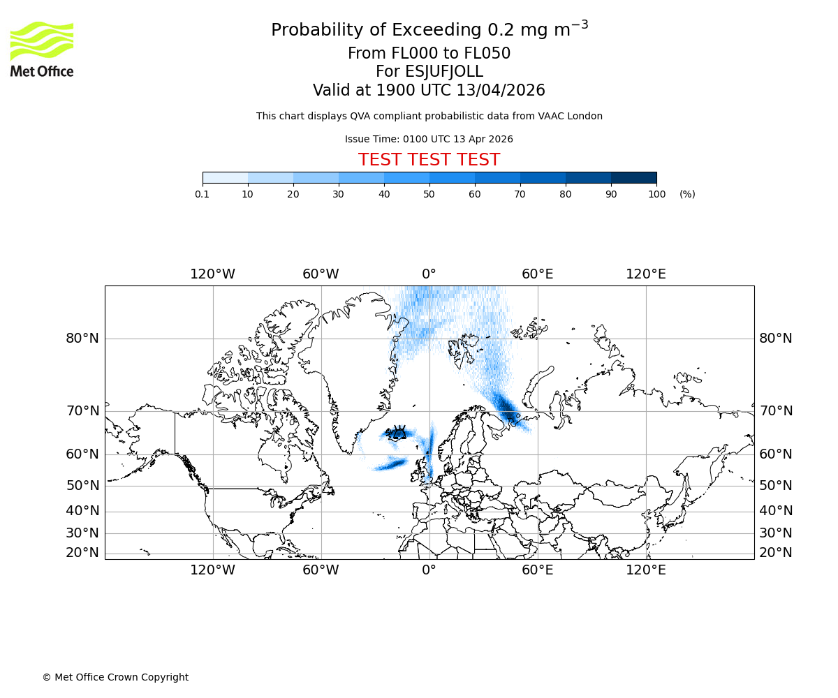 Probability of exceeding 0.2 milligrams per metre cubed. From 000 to 050 for ESJUFJOLL. Valid at 1900 UTC 13/04/2026