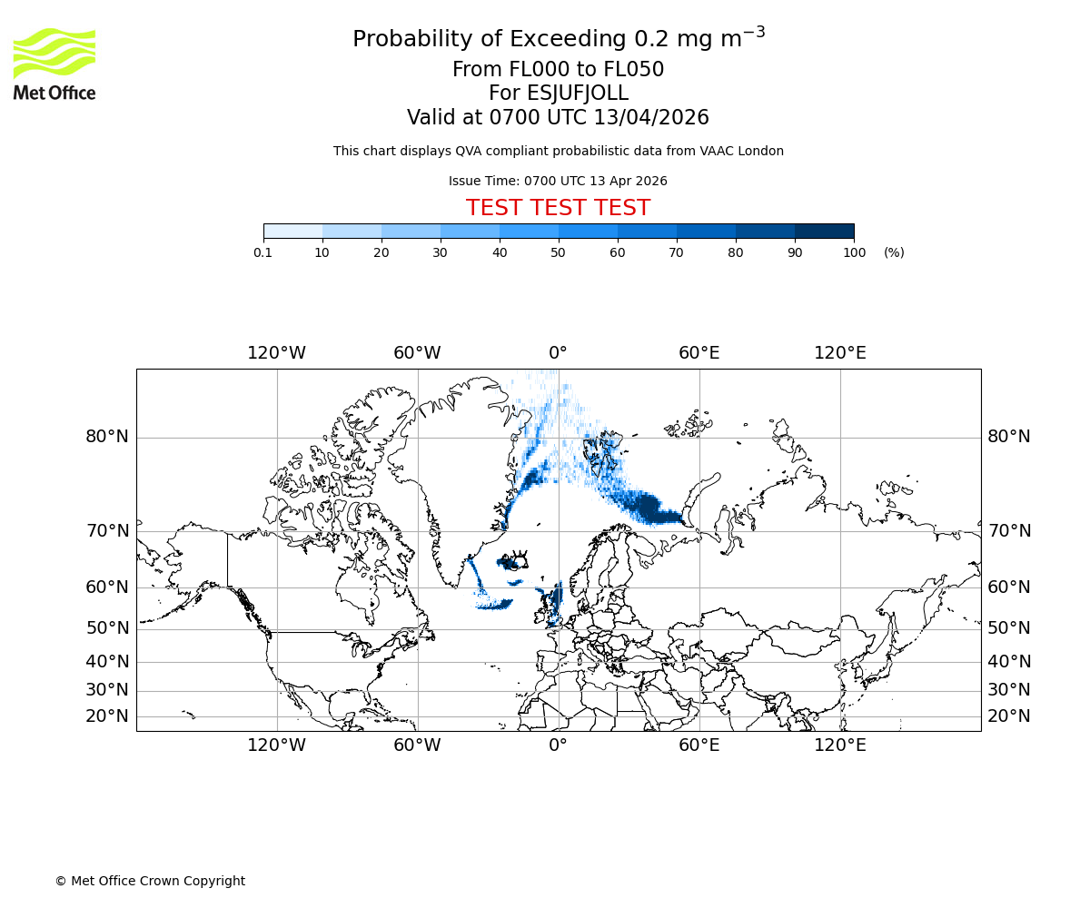 Probability of exceeding 0.2 milligrams per metre cubed. From 000 to 050 for ESJUFJOLL. Valid at 0700 UTC 13/04/2026