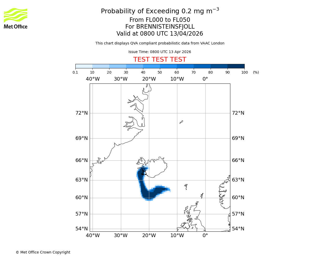 Probability of exceeding 0.2 milligrams per metre cubed. From 000 to 050 for BRENNISTEINSFJOLL. Valid at 0800 UTC 13/04/2026