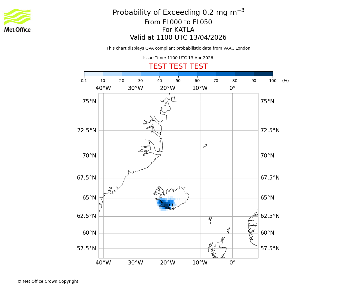 Probability of exceeding 0.2 milligrams per metre cubed. From 000 to 050 for KATLA. Valid at 1100 UTC 13/04/2026