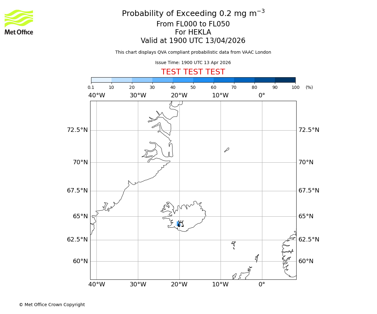 Probability of exceeding 0.2 milligrams per metre cubed. From 000 to 050 for HEKLA. Valid at 1900 UTC 13/04/2026