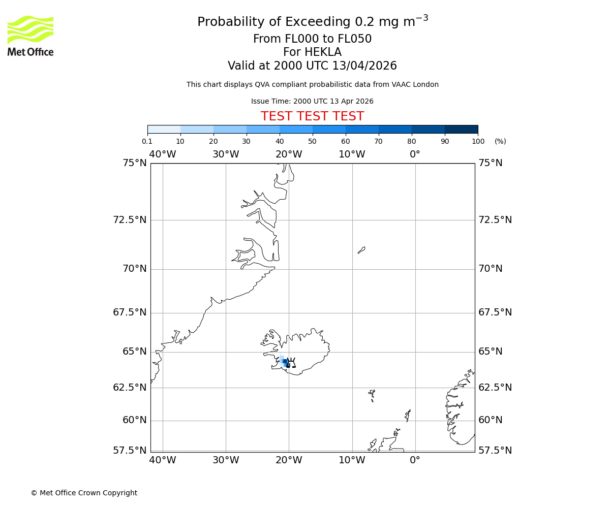 Probability of exceeding 0.2 milligrams per metre cubed. From 000 to 050 for HEKLA. Valid at 2000 UTC 13/04/2026