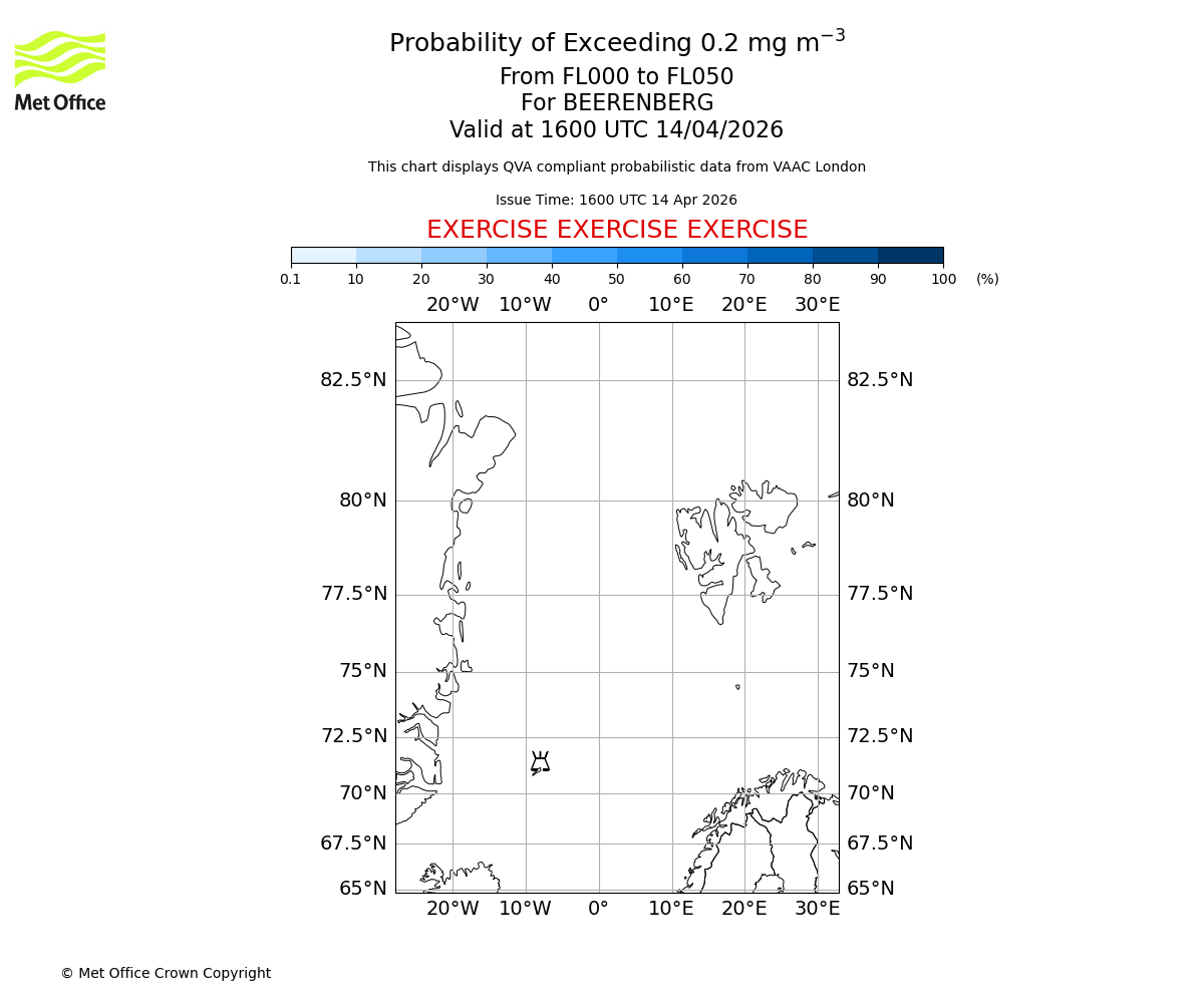 Probability of exceeding 0.2 milligrams per metre cubed. From 000 to 050 for BEERENBERG. Valid at 1600 UTC 14/04/2026