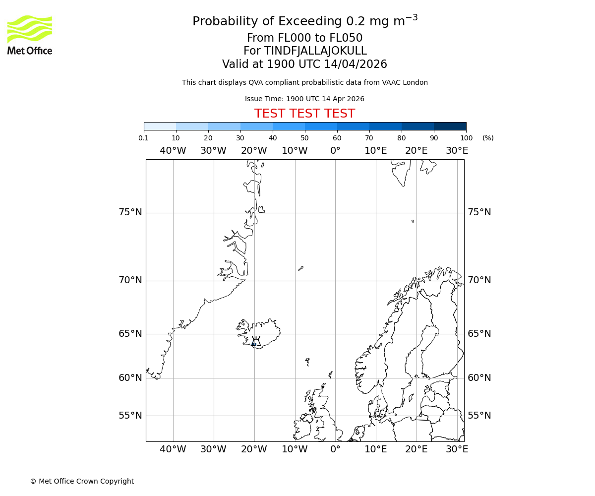 Probability of exceeding 0.2 milligrams per metre cubed. From 000 to 050 for TINDFJALLAJOKULL. Valid at 1900 UTC 14/04/2026