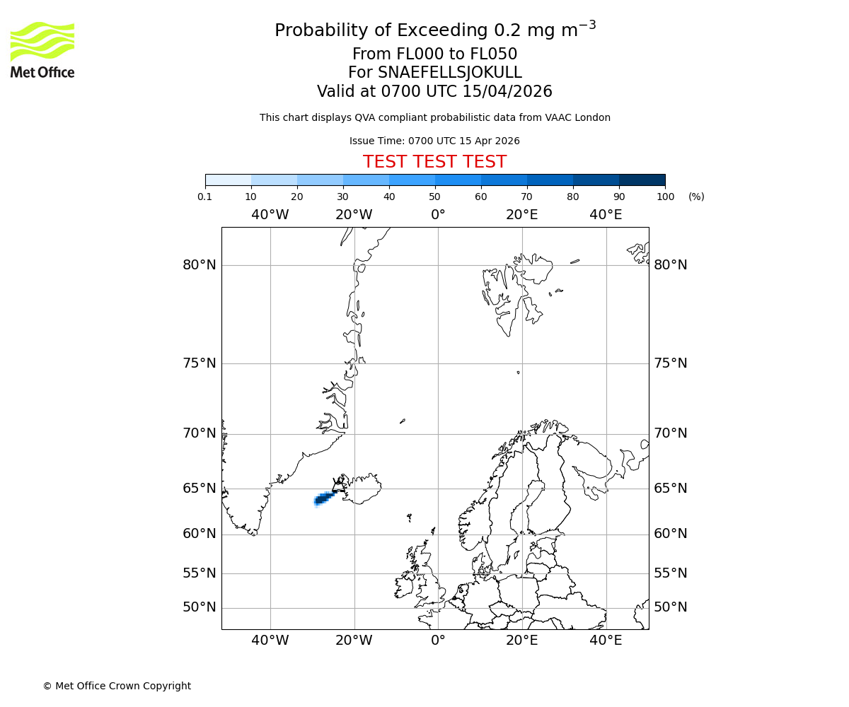 Probability of exceeding 0.2 milligrams per metre cubed. From 000 to 050 for SNAEFELLSJOKULL. Valid at 0700 UTC 15/04/2026