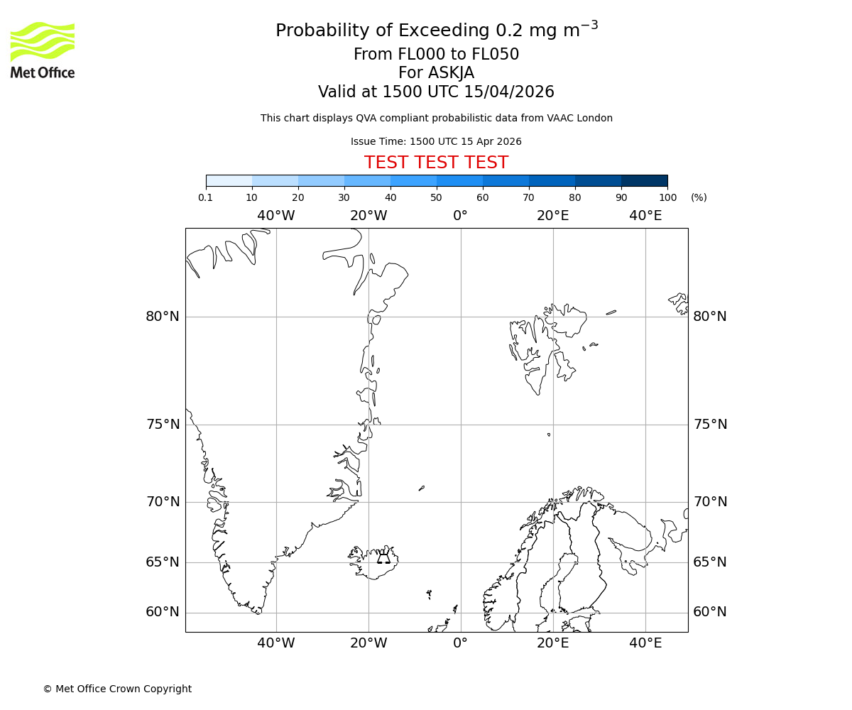 Probability of exceeding 0.2 milligrams per metre cubed. From 000 to 050 for ASKJA. Valid at 1500 UTC 15/04/2026