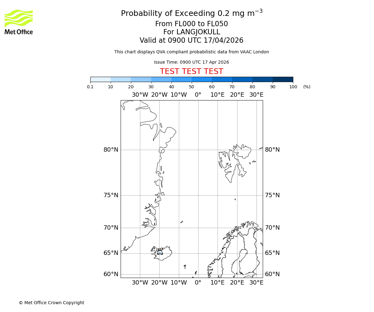 Probability of exceeding 0.2 milligrams per metre cubed. From 000 to 050 for LANGJOKULL. Valid at 0900 UTC 17/04/2026