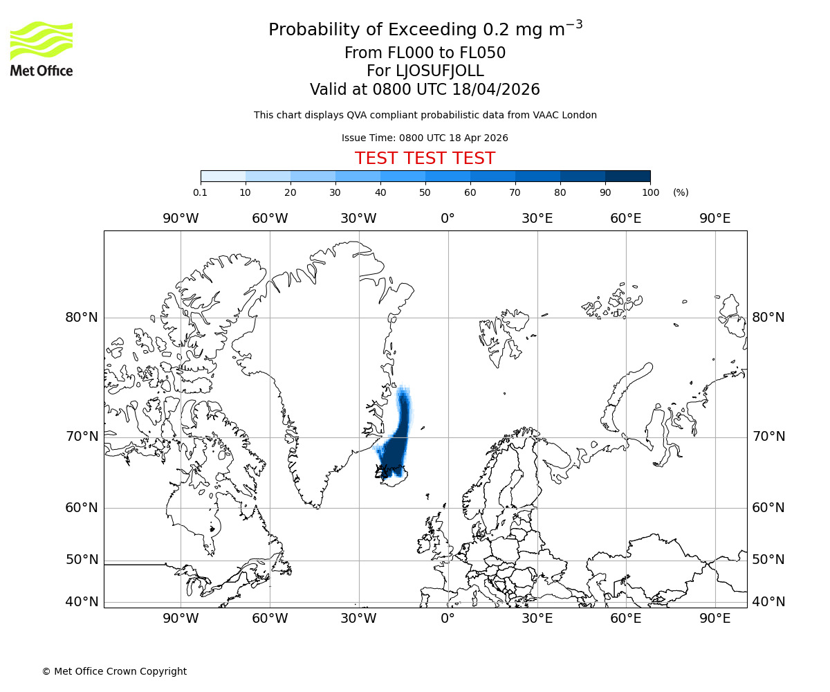 Probability of exceeding 0.2 milligrams per metre cubed. From 000 to 050 for LJOSUFJOLL. Valid at 0800 UTC 18/04/2026