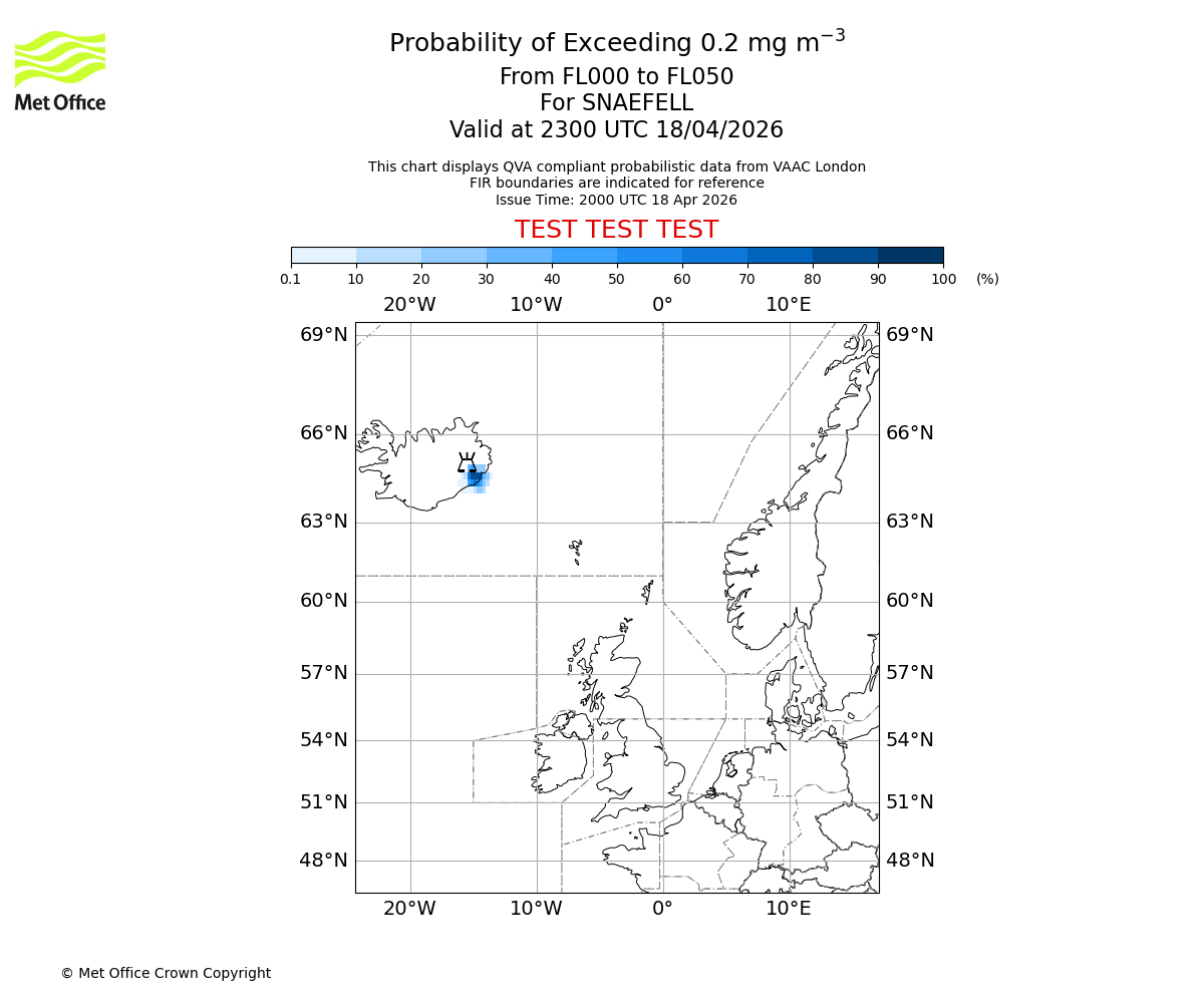 Probability of exceeding 0.2 milligrams per metre cubed. From 000 to 050 for SNAEFELL. Valid at 2300 UTC 18/04/2026