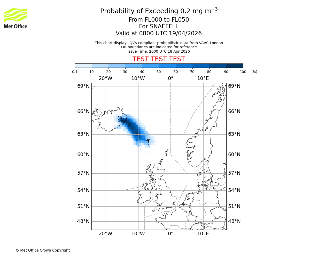 Probability of exceeding 0.2 milligrams per metre cubed. From 000 to 050 for SNAEFELL. Valid at 0800 UTC 19/04/2026