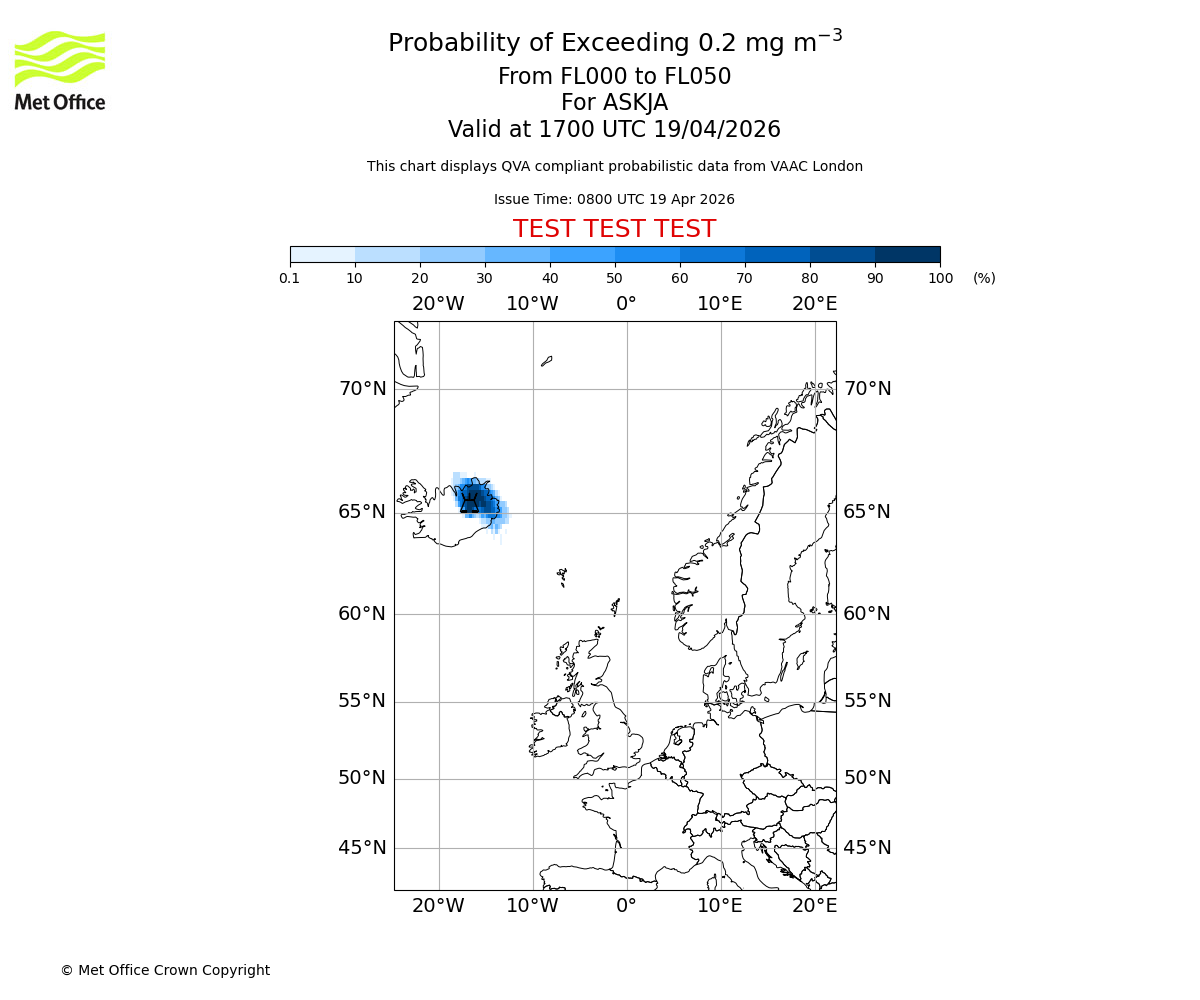 Probability of exceeding 0.2 milligrams per metre cubed. From 000 to 050 for ASKJA. Valid at 1700 UTC 19/04/2026