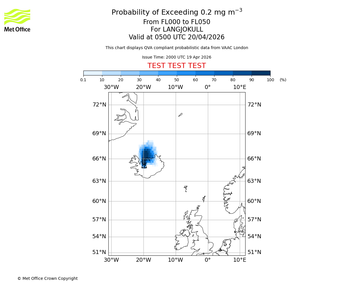 Probability of exceeding 0.2 milligrams per metre cubed. From 000 to 050 for LANGJOKULL. Valid at 0500 UTC 20/04/2026