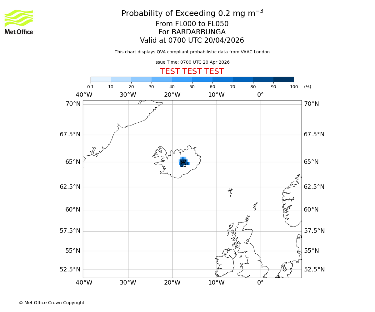 Probability of exceeding 0.2 milligrams per metre cubed. From 000 to 050 for BARDARBUNGA. Valid at 0700 UTC 20/04/2026