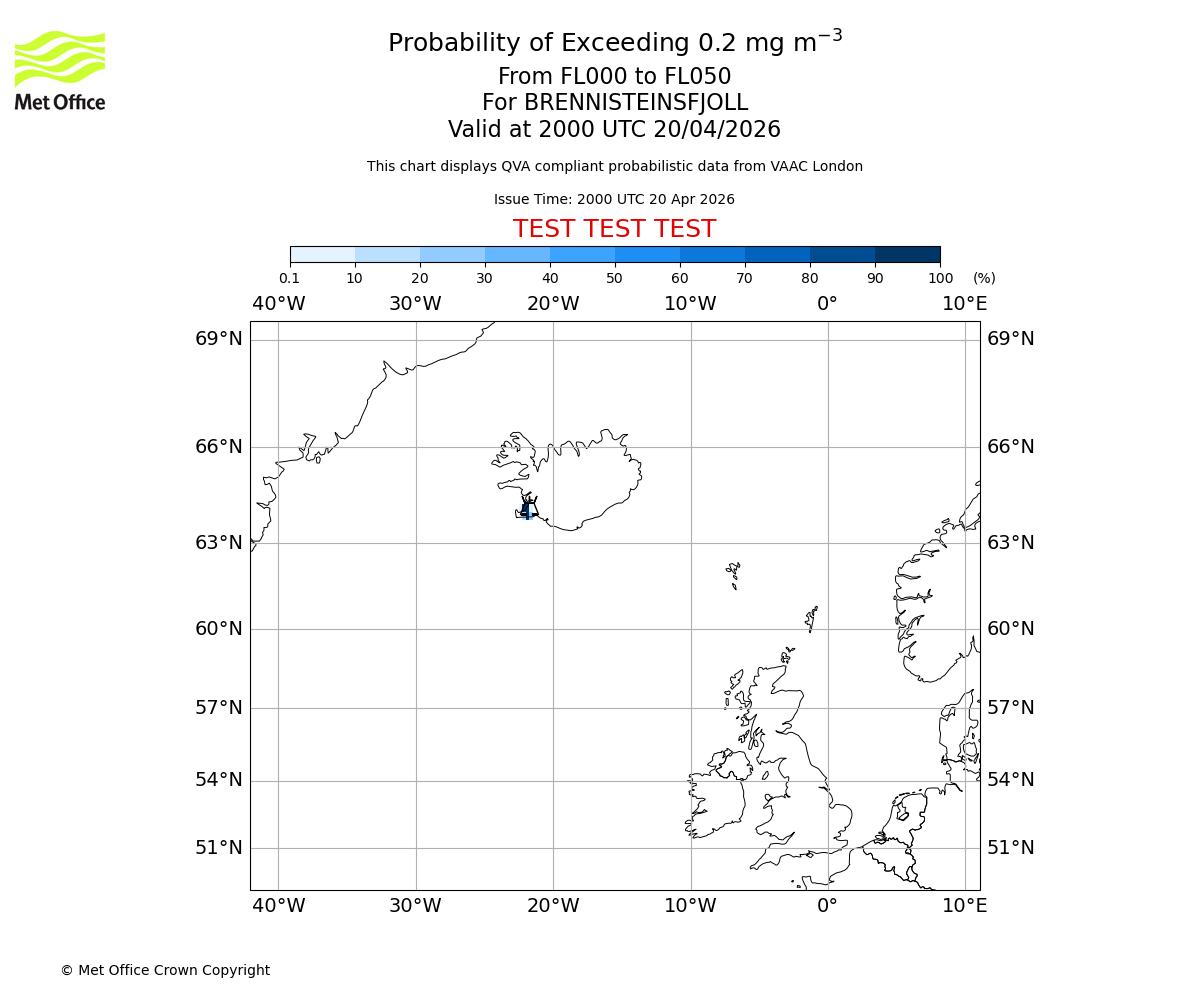 Probability of exceeding 0.2 milligrams per metre cubed. From 000 to 050 for BRENNISTEINSFJOLL. Valid at 2000 UTC 20/04/2026