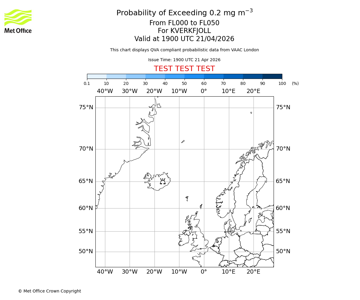 Probability of exceeding 0.2 milligrams per metre cubed. From 000 to 050 for KVERKFJOLL. Valid at 1900 UTC 21/04/2026