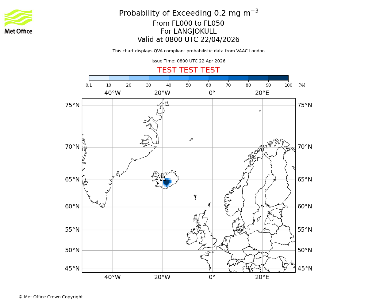 Probability of exceeding 0.2 milligrams per metre cubed. From 000 to 050 for LANGJOKULL. Valid at 0800 UTC 22/04/2026