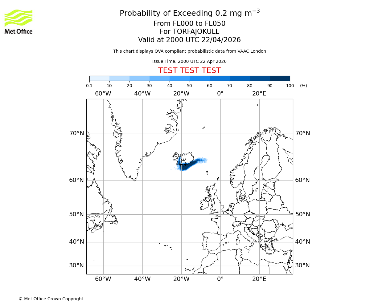 Probability of exceeding 0.2 milligrams per metre cubed. From 000 to 050 for TORFAJOKULL. Valid at 2000 UTC 22/04/2026