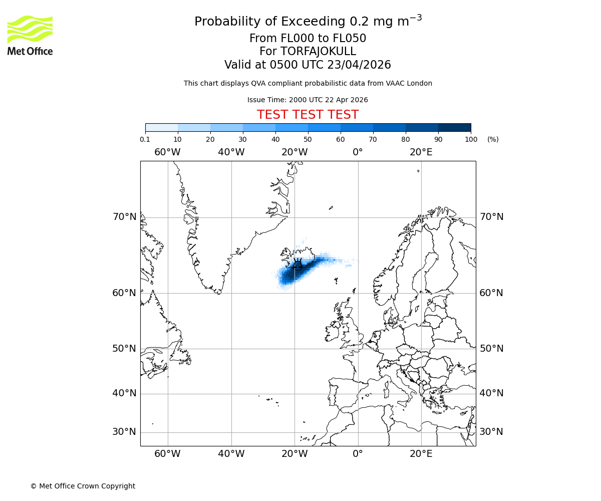 Probability of exceeding 0.2 milligrams per metre cubed. From 000 to 050 for TORFAJOKULL. Valid at 0500 UTC 23/04/2026