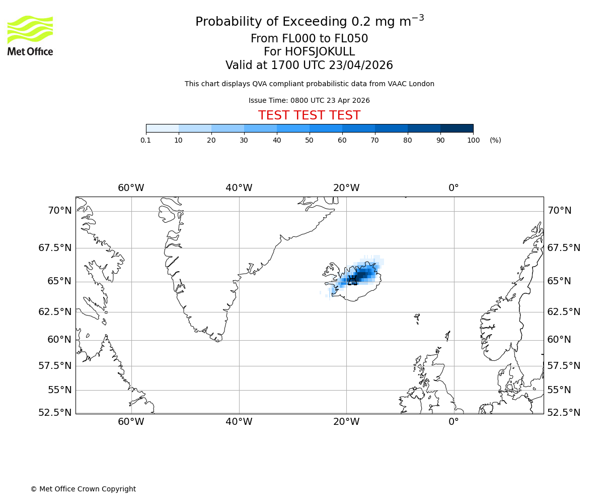 Probability of exceeding 0.2 milligrams per metre cubed. From 000 to 050 for HOFSJOKULL. Valid at 1700 UTC 23/04/2026