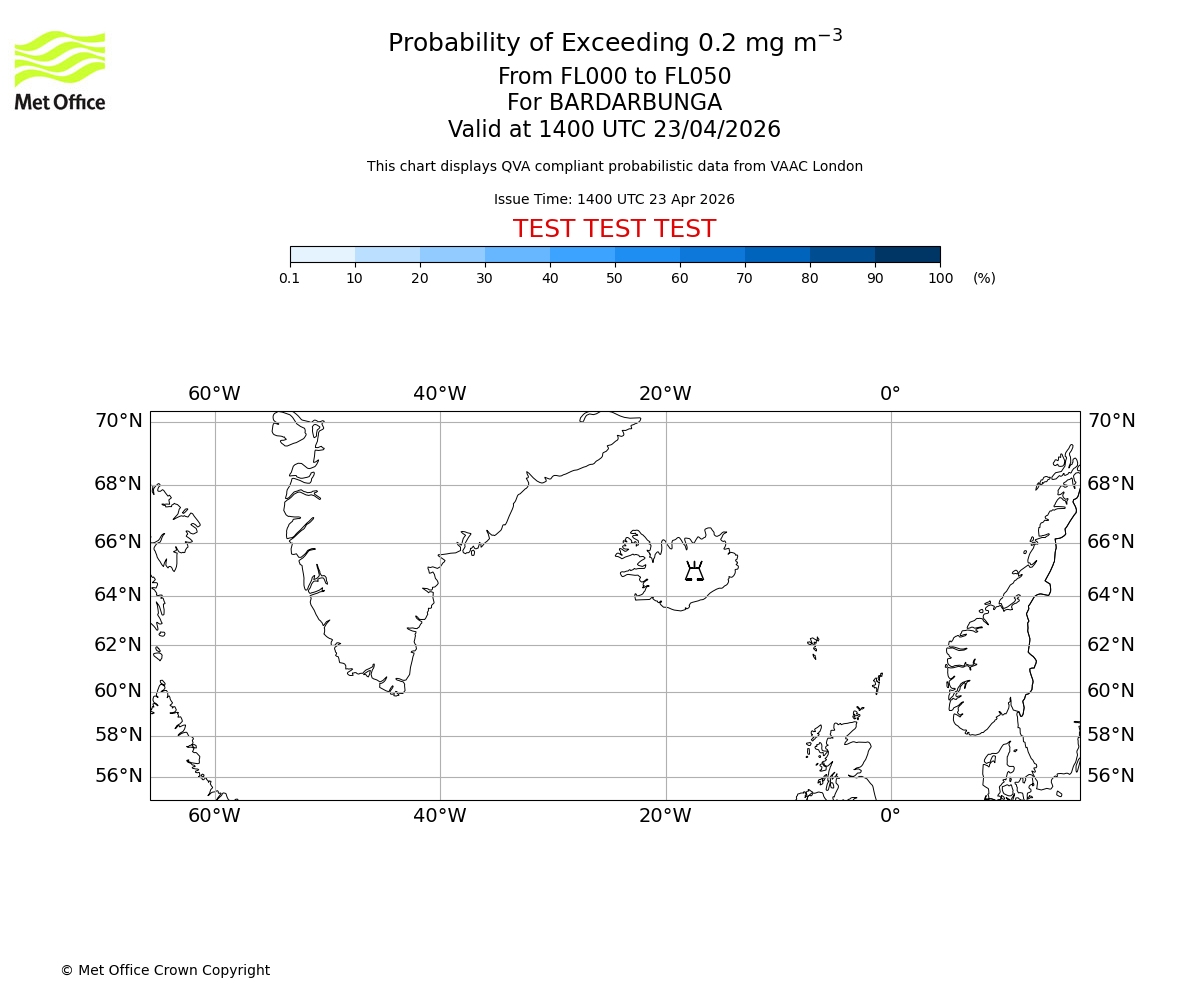 Probability of exceeding 0.2 milligrams per metre cubed. From 000 to 050 for BARDARBUNGA. Valid at 1400 UTC 23/04/2026