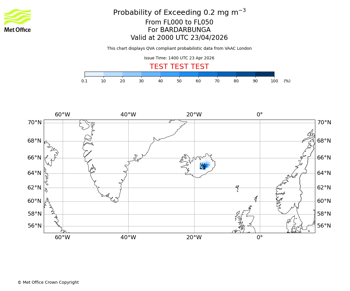 Probability of exceeding 0.2 milligrams per metre cubed. From 000 to 050 for BARDARBUNGA. Valid at 2000 UTC 23/04/2026