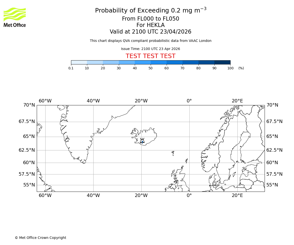 Probability of exceeding 0.2 milligrams per metre cubed. From 000 to 050 for HEKLA. Valid at 2100 UTC 23/04/2026