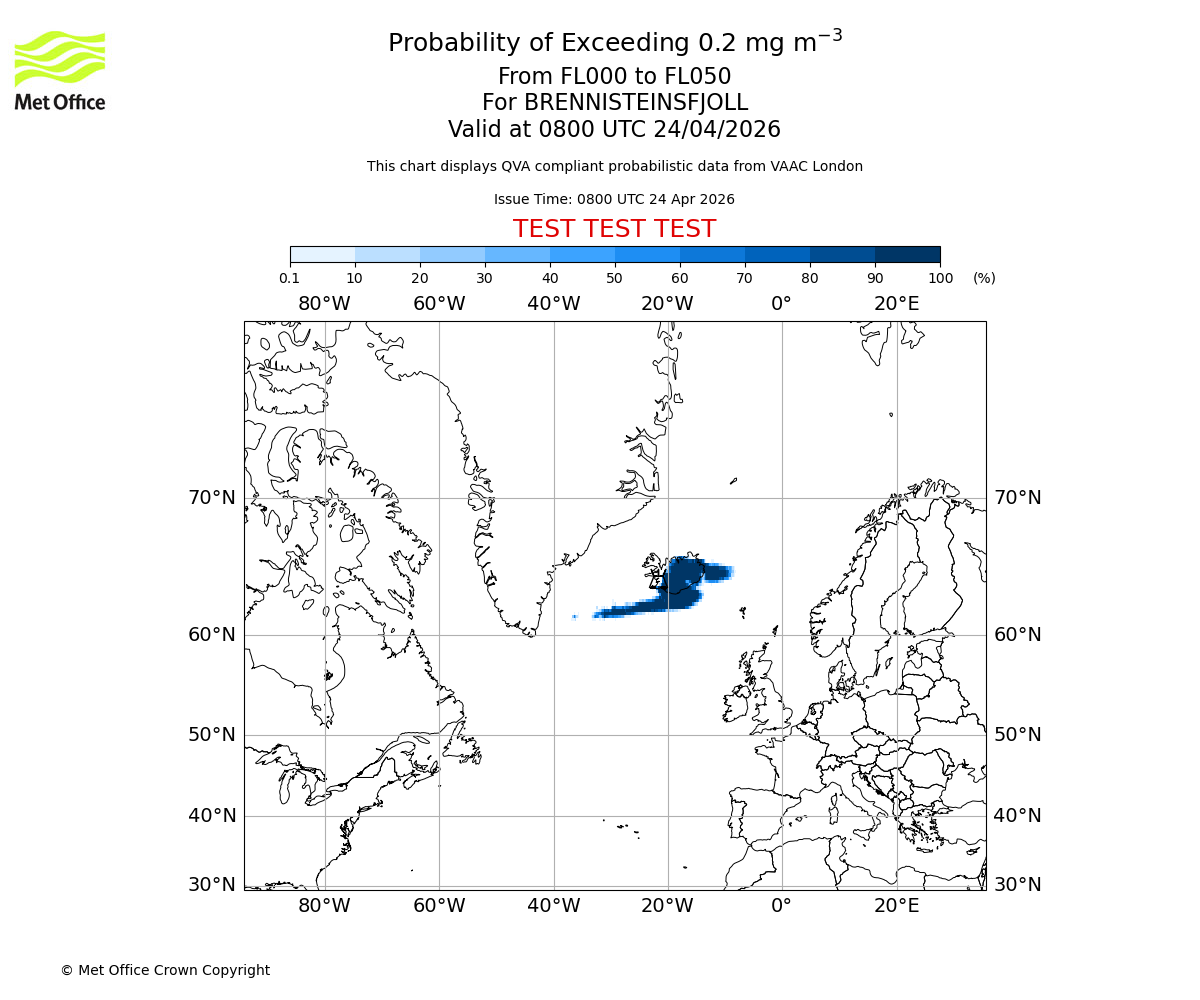 Probability of exceeding 0.2 milligrams per metre cubed. From 000 to 050 for BRENNISTEINSFJOLL. Valid at 0800 UTC 24/04/2026