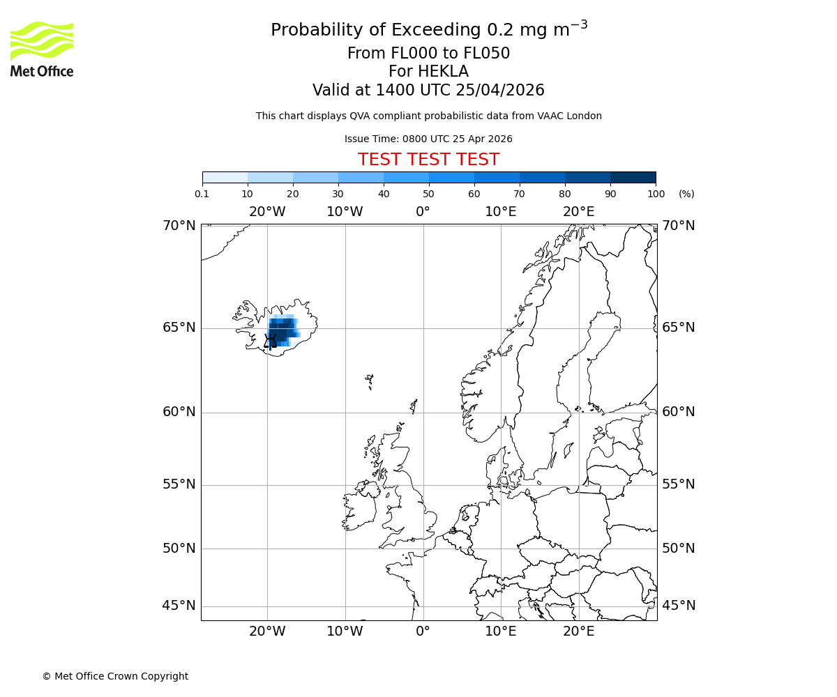 Probability of exceeding 0.2 milligrams per metre cubed. From 000 to 050 for HEKLA. Valid at 1400 UTC 25/04/2026