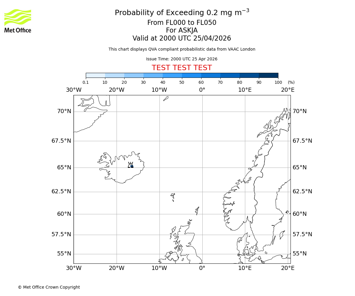 Probability of exceeding 0.2 milligrams per metre cubed. From 000 to 050 for ASKJA. Valid at 2000 UTC 25/04/2026