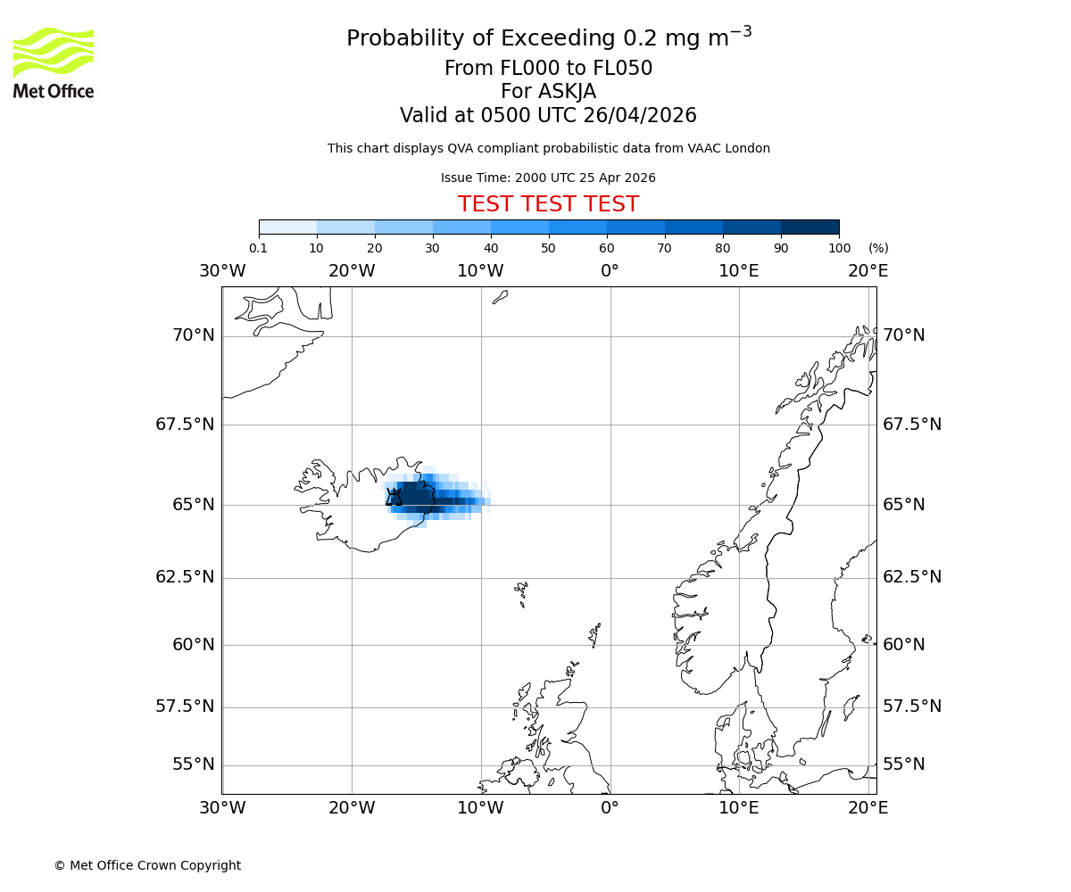 Probability of exceeding 0.2 milligrams per metre cubed. From 000 to 050 for ASKJA. Valid at 0500 UTC 26/04/2026