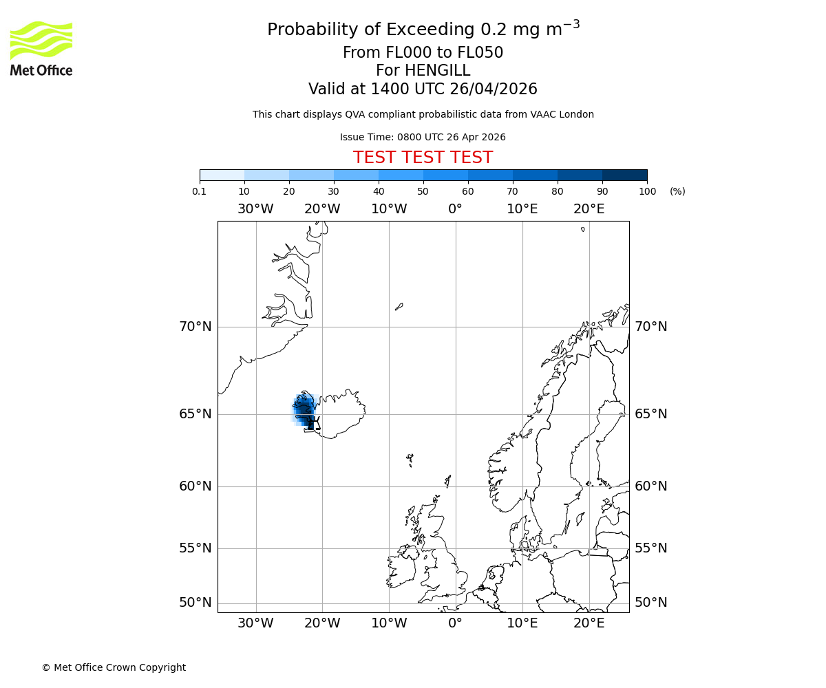 Probability of exceeding 0.2 milligrams per metre cubed. From 000 to 050 for HENGILL. Valid at 1400 UTC 26/04/2026