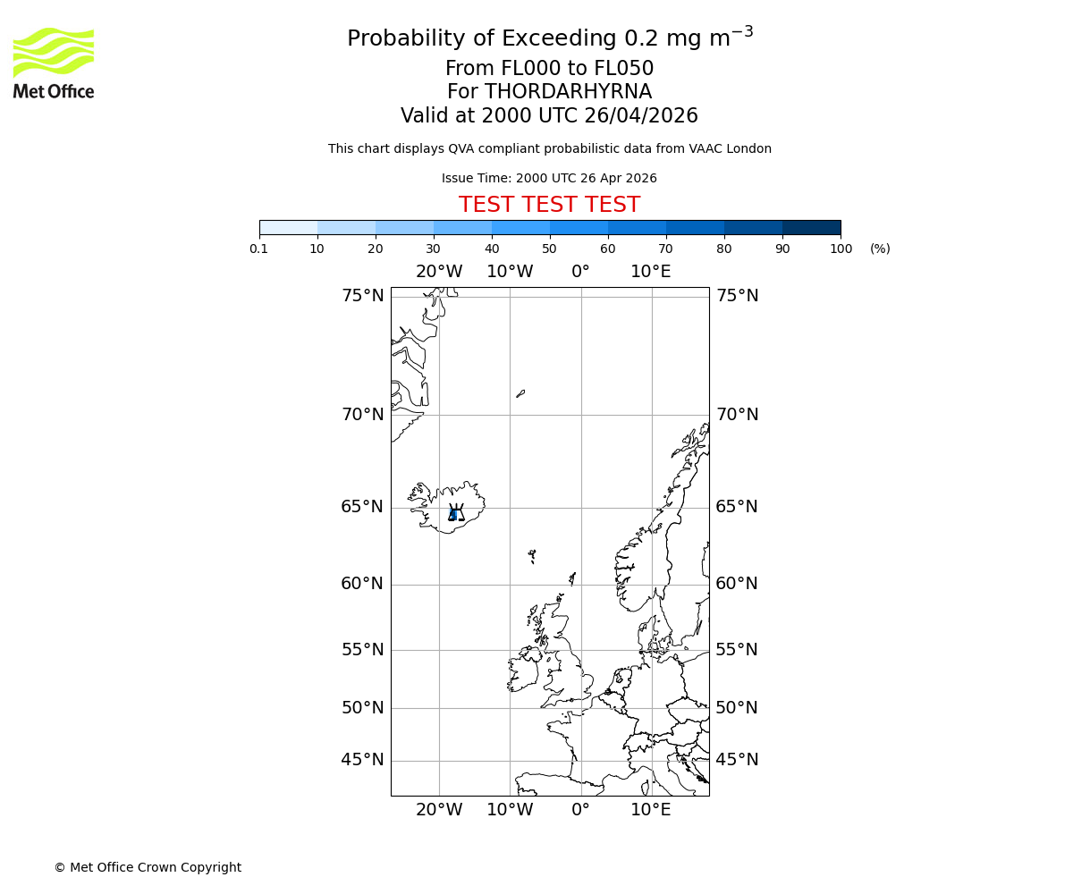 Probability of exceeding 0.2 milligrams per metre cubed. From 000 to 050 for THORDARHYRNA. Valid at 2000 UTC 26/04/2026