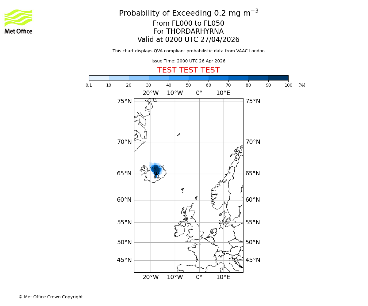 Probability of exceeding 0.2 milligrams per metre cubed. From 000 to 050 for THORDARHYRNA. Valid at 0200 UTC 27/04/2026