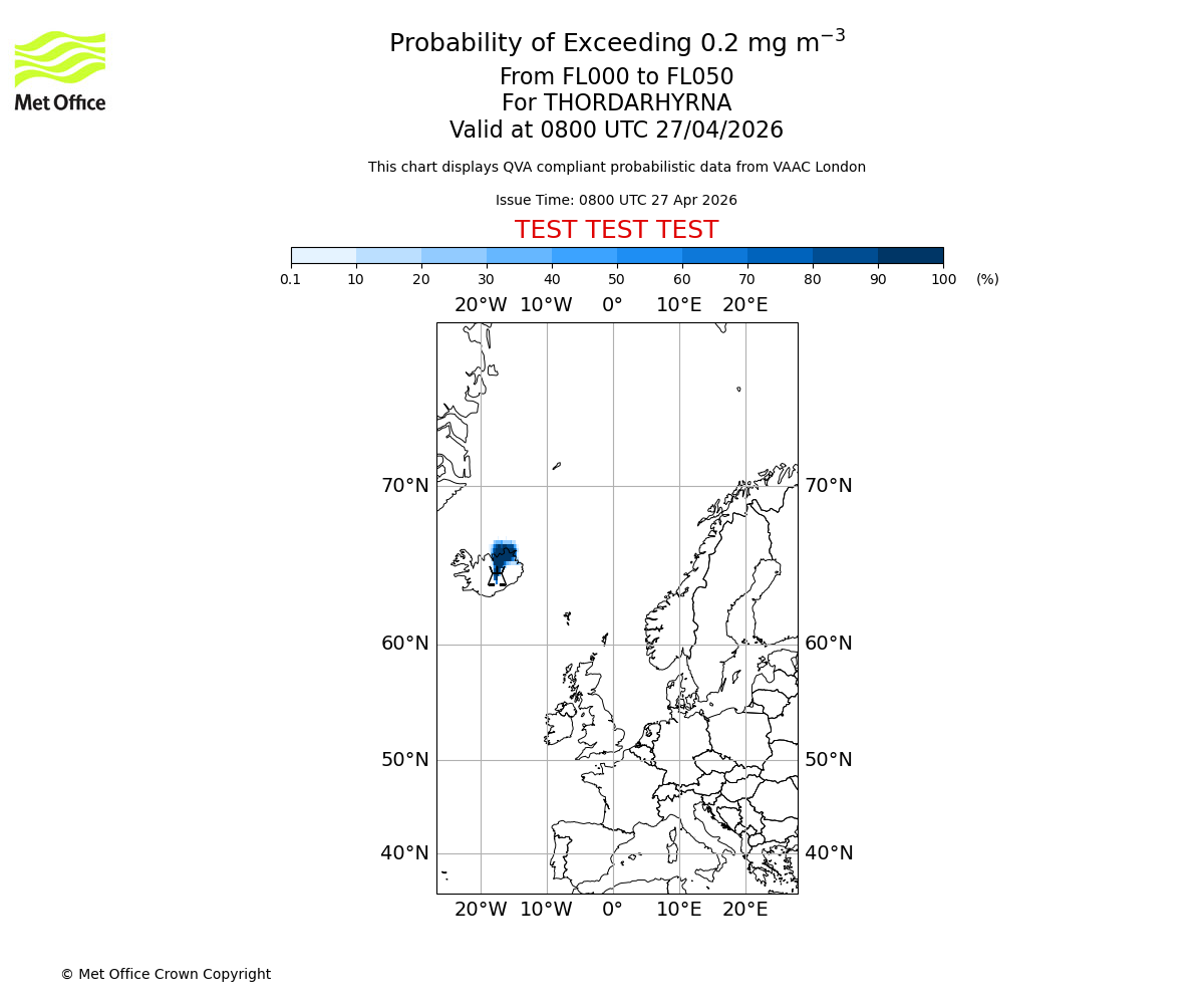 Probability of exceeding 0.2 milligrams per metre cubed. From 000 to 050 for THORDARHYRNA. Valid at 0800 UTC 27/04/2026