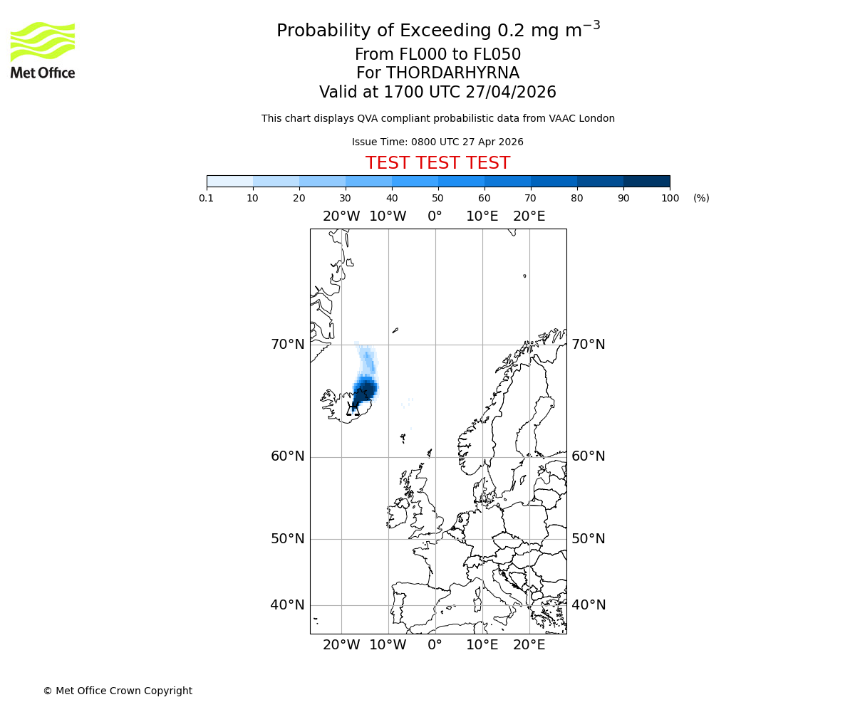 Probability of exceeding 0.2 milligrams per metre cubed. From 000 to 050 for THORDARHYRNA. Valid at 1700 UTC 27/04/2026