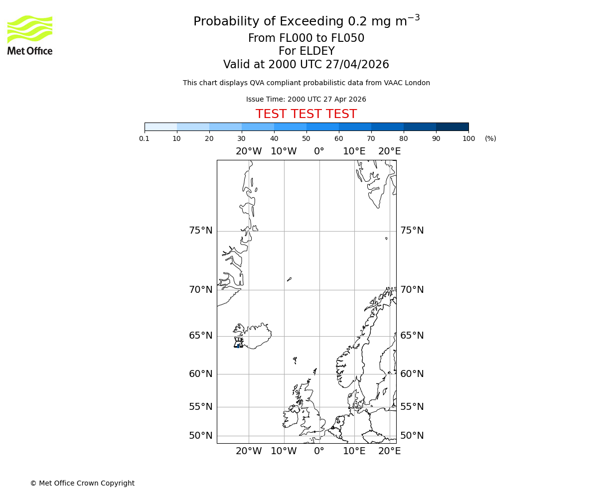 Probability of exceeding 0.2 milligrams per metre cubed. From 000 to 050 for ELDEY. Valid at 2000 UTC 27/04/2026
