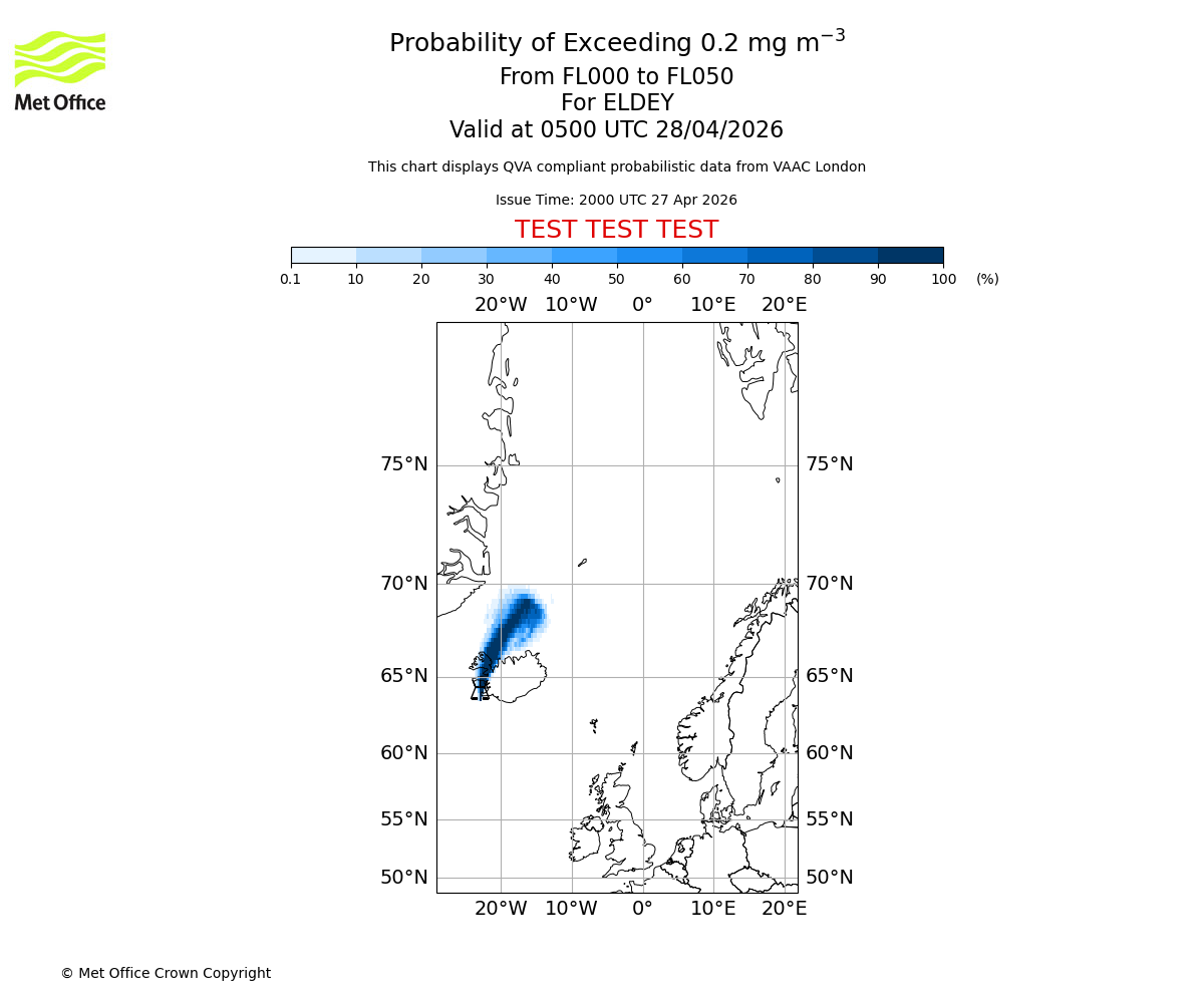 Probability of exceeding 0.2 milligrams per metre cubed. From 000 to 050 for ELDEY. Valid at 0500 UTC 28/04/2026