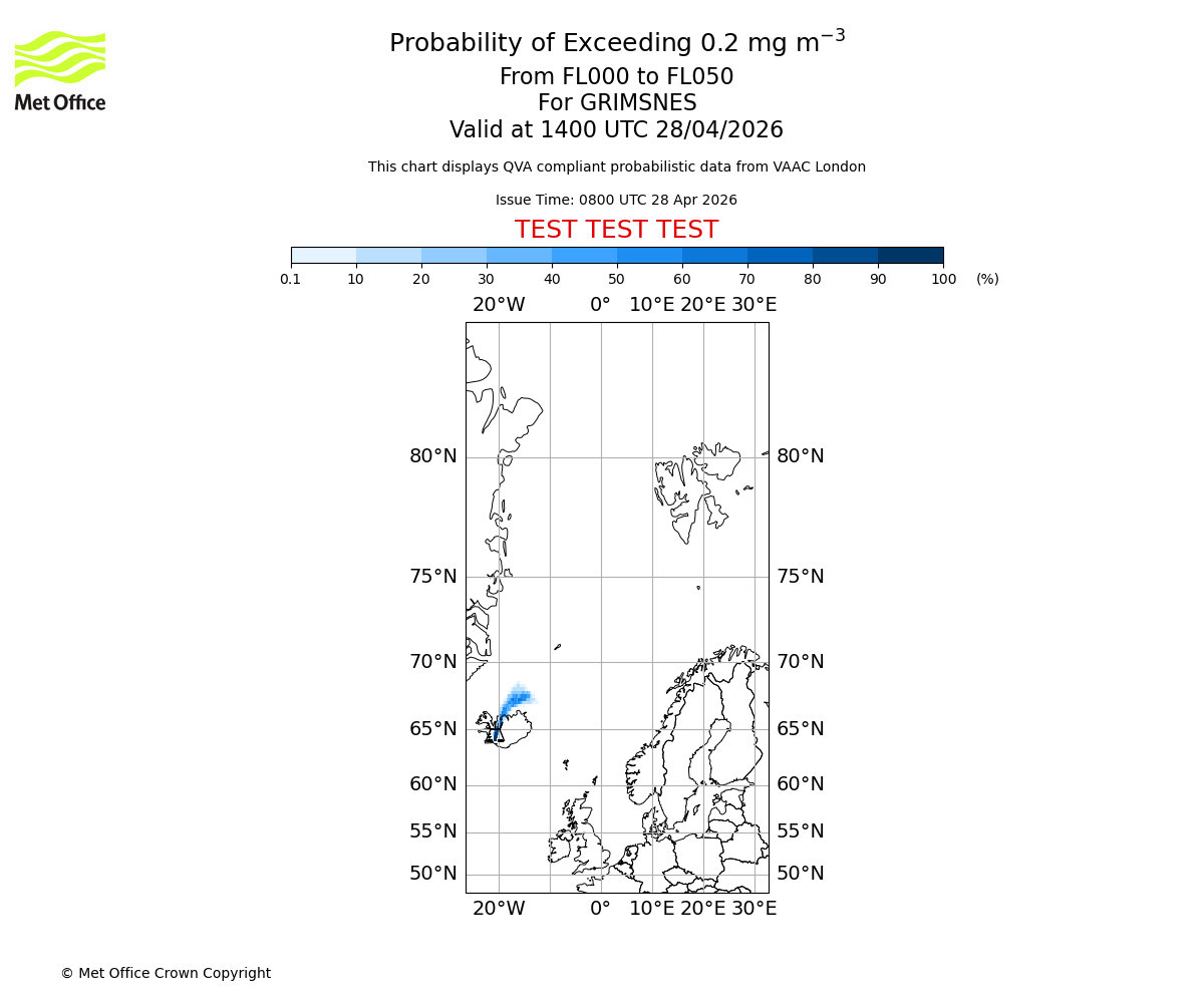 Probability of exceeding 0.2 milligrams per metre cubed. From 000 to 050 for GRIMSNES. Valid at 1400 UTC 28/04/2026