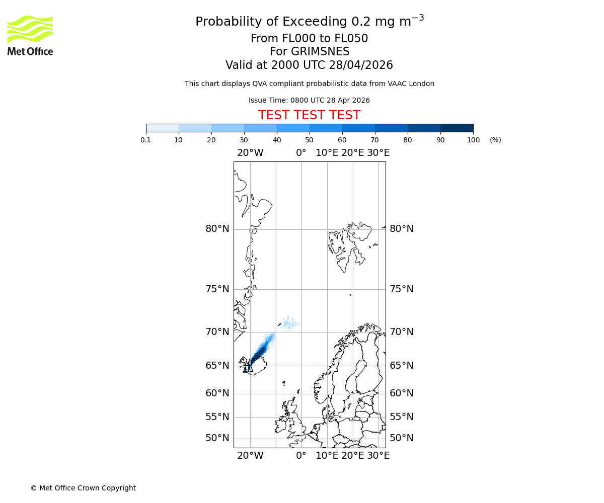 Probability of exceeding 0.2 milligrams per metre cubed. From 000 to 050 for GRIMSNES. Valid at 2000 UTC 28/04/2026