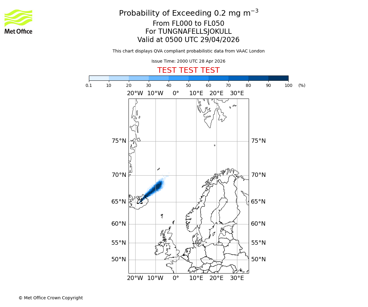 Probability of exceeding 0.2 milligrams per metre cubed. From 000 to 050 for TUNGNAFELLSJOKULL. Valid at 0500 UTC 29/04/2026