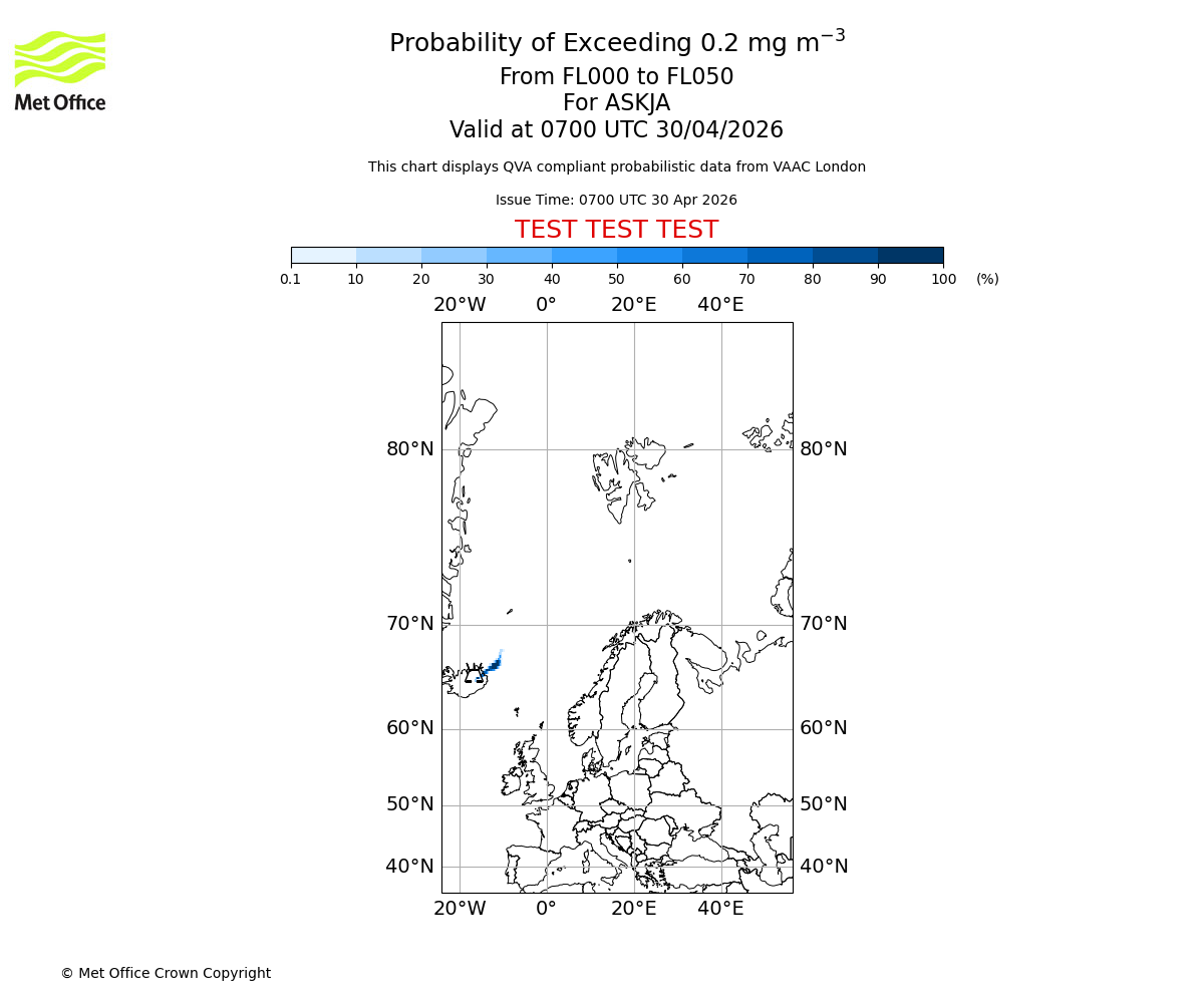Probability of exceeding 0.2 milligrams per metre cubed. From 000 to 050 for ASKJA. Valid at 0700 UTC 30/04/2026