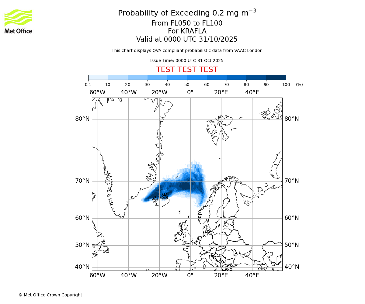 Probability of exceeding 0.2 milligrams per metre cubed. From 050 to 100 for KRAFLA. Valid at 0000 UTC 31/10/2025