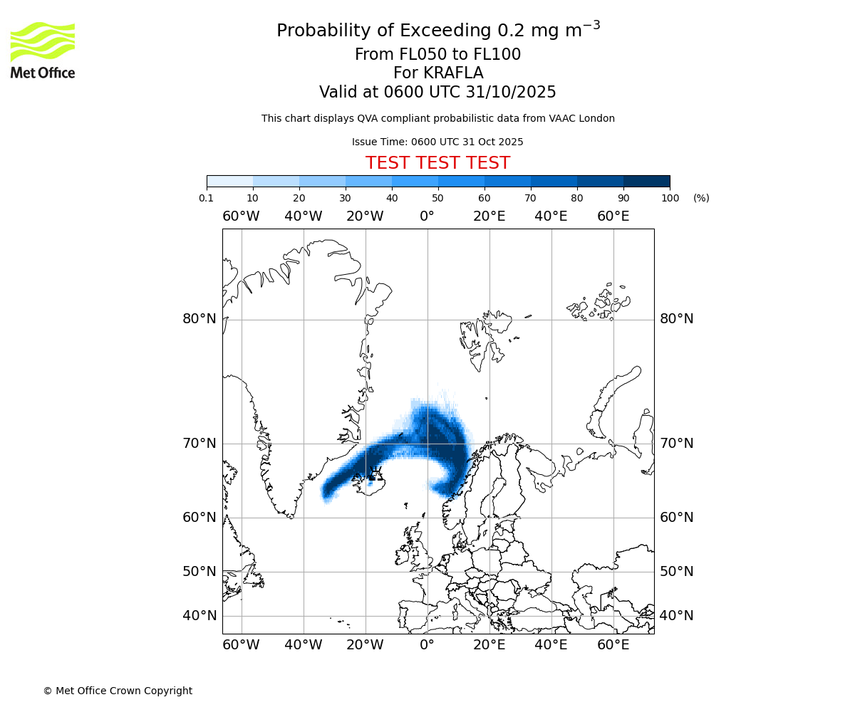 Probability of exceeding 0.2 milligrams per metre cubed. From 050 to 100 for KRAFLA. Valid at 0600 UTC 31/10/2025