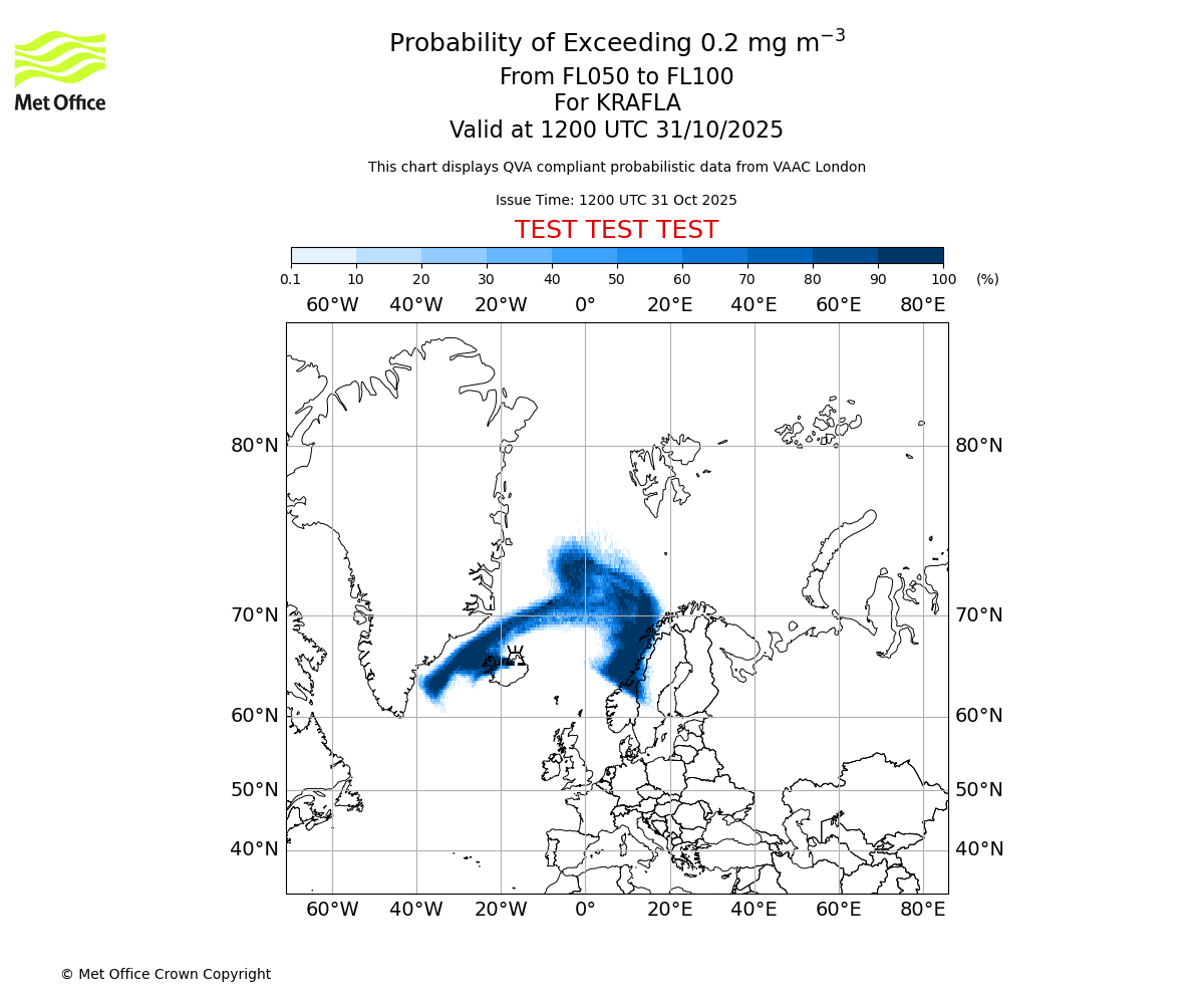 Probability of exceeding 0.2 milligrams per metre cubed. From 050 to 100 for KRAFLA. Valid at 1200 UTC 31/10/2025