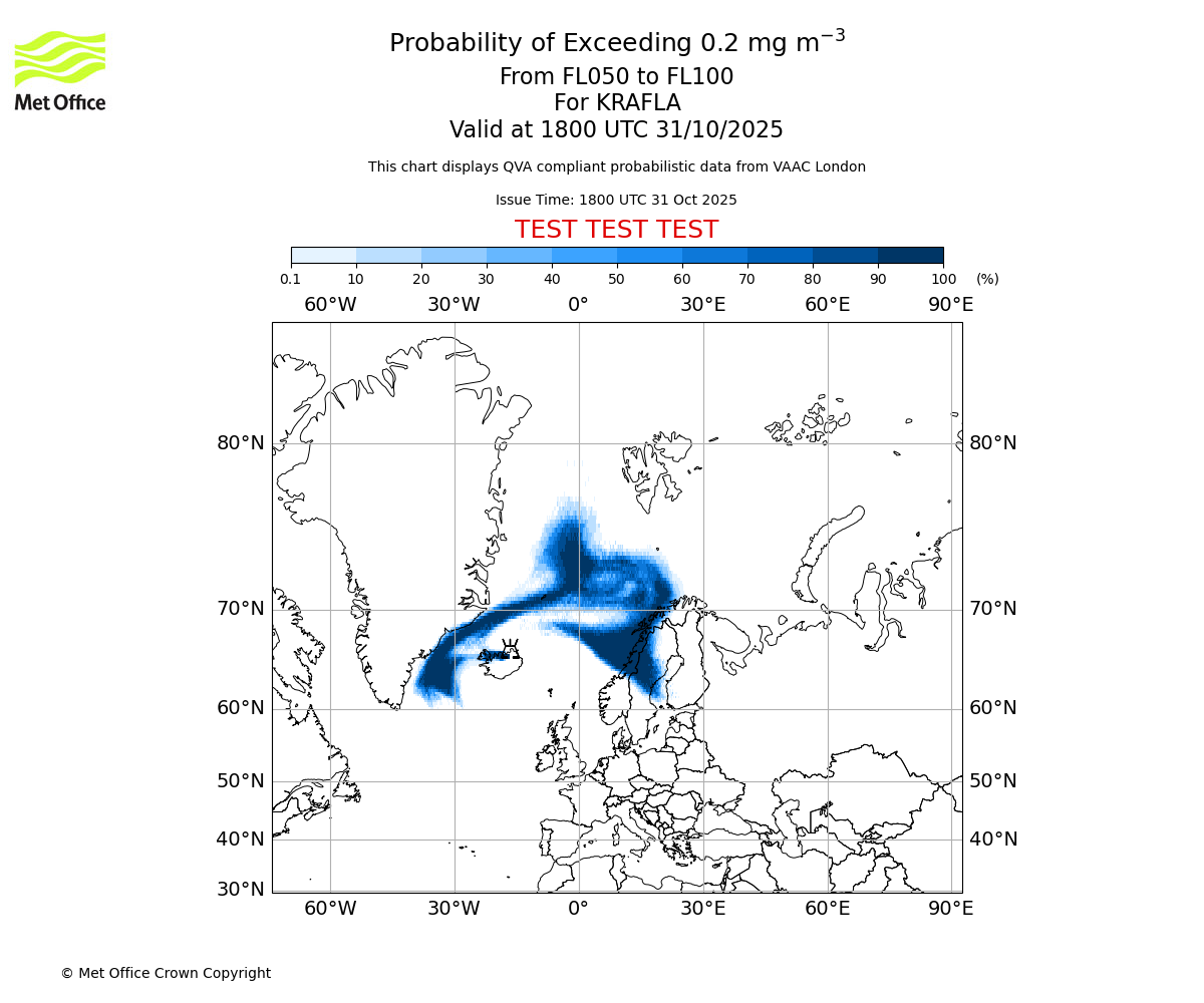 Probability of exceeding 0.2 milligrams per metre cubed. From 050 to 100 for KRAFLA. Valid at 1800 UTC 31/10/2025