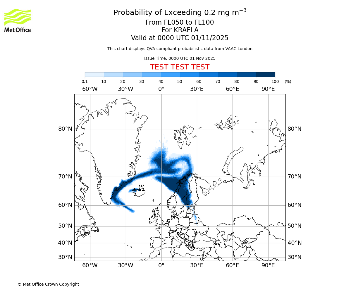 Probability of exceeding 0.2 milligrams per metre cubed. From 050 to 100 for KRAFLA. Valid at 0000 UTC 01/11/2025